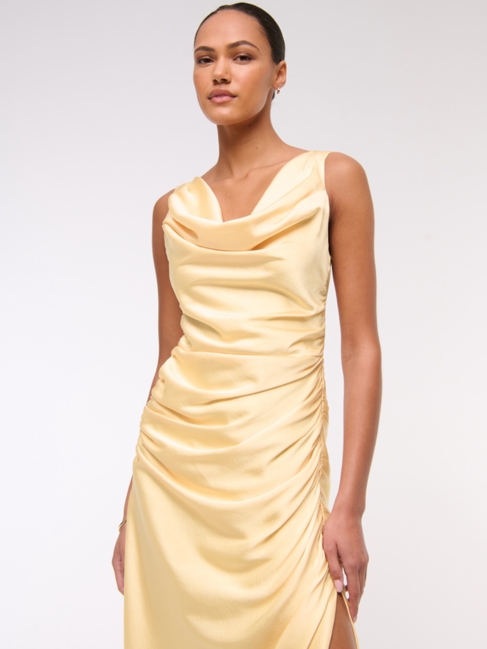 Elegant Yellow Cowl Neck Draped Satin Dress with Side Ruched Slit - Picture 3 of 6